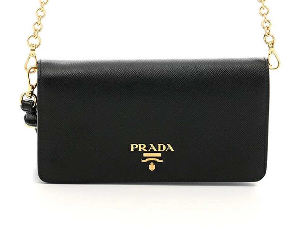 Prada Bag Shoulder Chain Wallet Saffiano Black Gold Plated